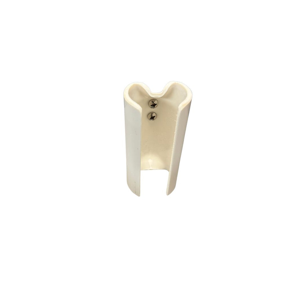 White plastic clip with a screw on a white background - Float Tree Bracket