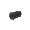 A ribbed black plastic storage container with two green lids on top, secured by orange-brown straps, shown on a plain white background. Infiltrator CM-1060