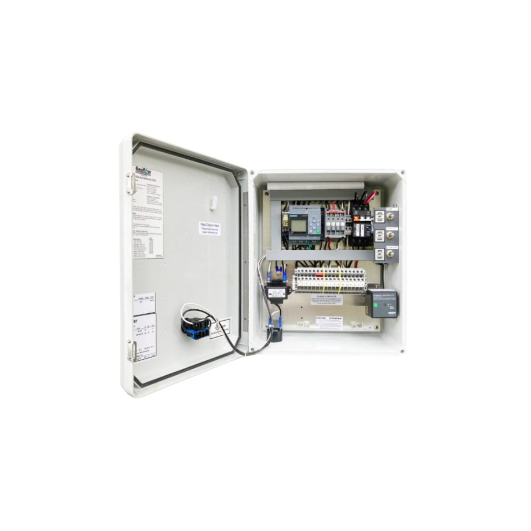 An open industrial electrical control panel box showing internal components including a main contactor, relay, terminal blocks, and wiring, isolated on a white background. GEOflow Drip Panel